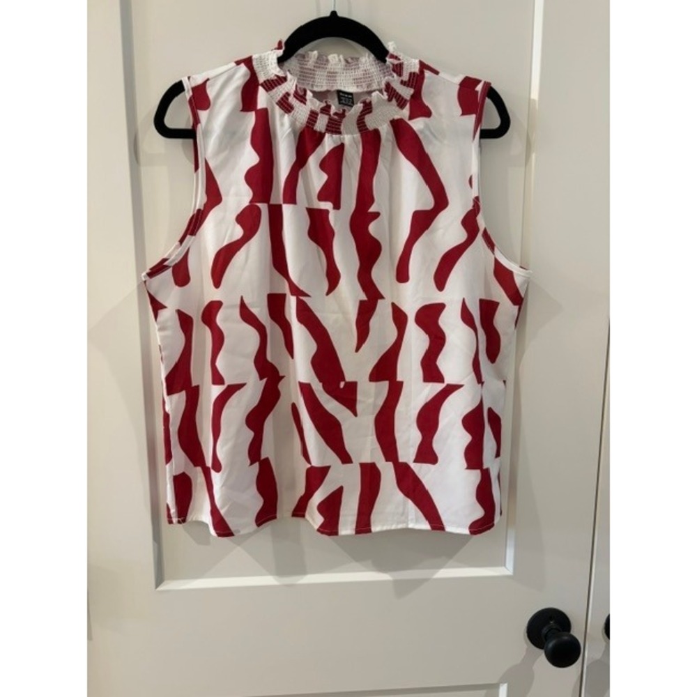Shein Womens XL Red White Abstract Print Smocked High Neck Sleeveless Blouse